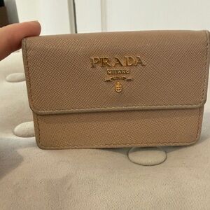 Prada Compact Saffiano Card Case in Taupe with Gold Logo
